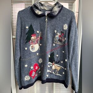 Women’s Holiday Embroidered Snowman & Reindeer Zip-Up Christmas Sweater – Size L